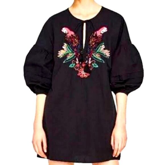 Zara Embroidered Parrot Puff Sleeve Romper Dress - Picture 1 of 11